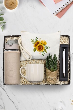 Handtasche, Kugelschreiber, Glasflasche, beige Tasse und Geschenkset mit lebendigen Sukkulentenblumen - 1