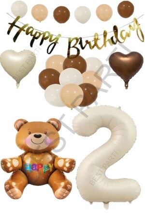 Happy Birthday-Banner, sitzender Bär – beige Zahl – Herzfolie und Latexballon-Set, Alter 2 - 1