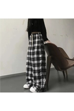 Harajuku Square Plaid gemusterte schwarze Unisex bequem geschnittene Pyjama-Jogginghose - 1