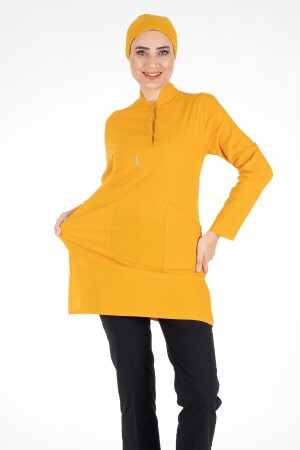 Senfgelb/schwarzes dünnes Lycra-Hijab-Krankenschwesteruniform- und Chirurgenarzt-Uniform-Set LYCRA-SOFT-HIJAB - Alsancak Üniforma