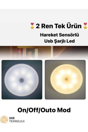 Hareket Sensörlü 16 Ledli Şarjlı 2 Renk Beyaz Ve Gün Işıkğı Led Auto Mod Dolap Içi- Koridor Type-c - Sge Teknoloji