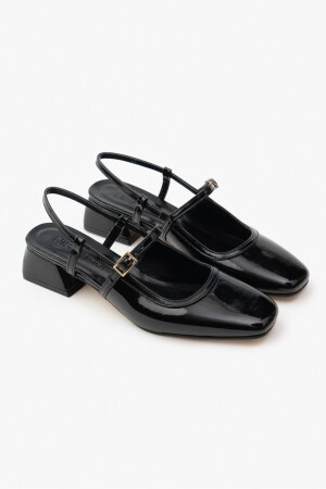 Harmony Damen-Ballerinas aus schwarzem Lackleder mit stumpfer Zehenpartie und Gürteldetail und kurzem Absatz - 5