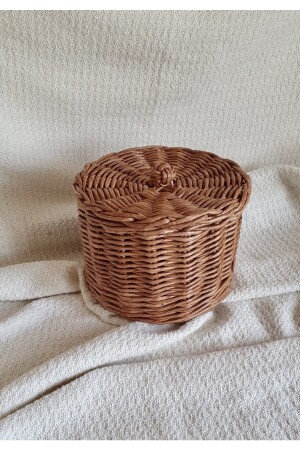 Hasır Rattan Bambu El Yapımı Kapaklı Sepet- Çok Amaçlı Sepet- Saklama Kutusu 17x17 Cm HLYSEPET - 6