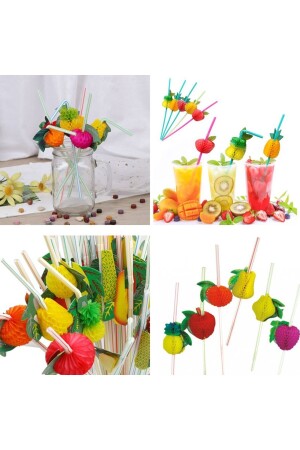 Hawaian Renkli Meyve Şekilli 24 Cm Plastik Körüklü Pipet 20 Adet - Partidolu