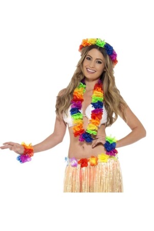 Hawaiianische Kronen-Halskette, 2 Armbänder, 4-teiliges Show-Set, bunte Blumen - 1