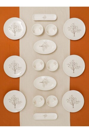 Hayat Ağacı Porselen 16 Parça 6 Kişilik Kahvaltı Takımı Kırık Beyaz - Heda Porselen