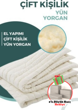 Hediyeli Ürün Elyaf Sepeti %100 Yünden El Dikimi Çift Kişilik Yün Yorgan %100 Doğal 195x215 Cm&She Berrak 6 Adet Büyük Boy Antrasit Bazaaltı Hurç 64 X 45 X 22 Cm - Elyaf Sepeti