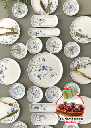 Hediyeli Ürün Yiğit Seramik Züccaciye Çiğdem Blue Model 12 Kişilik 21 Parça Kahvaltı Takımı Kahvaltı Seti&Perotti Keyfi Ala Borosilikat 6'lı Çay Bardağı - Yiğit Seramik Züccaciye