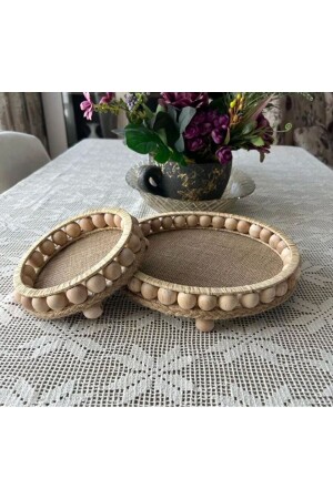 (HEDİYELİ)ahşap Boncuklu Doğal Rafya Hasır Tepsi Sepet Banyo Düzenleyici 26 Cm Ve 17cm sepet22-12 - YılÇay