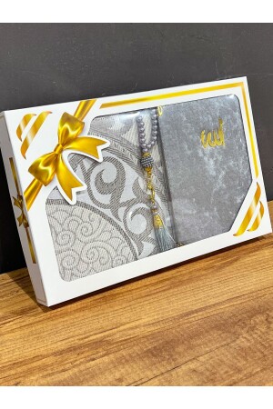 Hediyelik Bohçalık Tafta Saçaklı Gri Seccade Yasin Tesbih Seti - Ayhanhome