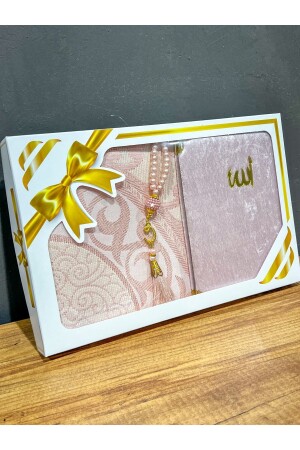 Hediyelik Bohçalık Tafta Saçaklı Pembe Seccade- Yasin- Tesbih Seti - Ayhanhome