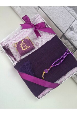 Hediyelik Çeyizlik Tafta Seccade İnci Tesbih Mini Kuran ve Flamlı Eşarp Bohça ve Mevlid Seti 1 Adet - Hira Tasarım