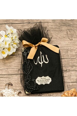 Hediyelik Kadife Yasin Cüzü (ÇANTA BOY)- Kalpli Tesbih- Tül Keseli Mevlid Paketi-siyah - İkranur