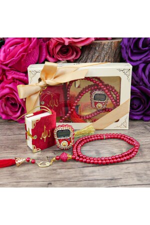 Hediyelik Mini Kur'an-ı Kerim & Lüks Taşlı Zikirmatik & Inci Tesbih Hediye Seti - Kırmızı - İkranur