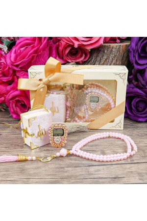 Hediyelik Mini Kur'an-ı Kerim & Lüks Taşlı Zikirmatik & Inci Tesbih Hediye Seti - Pembe - İkranur