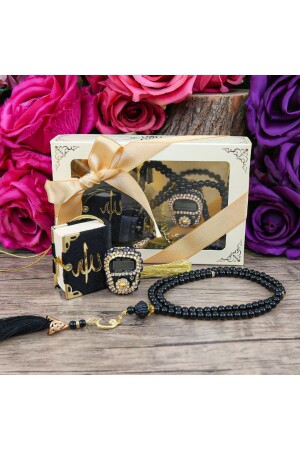 Hediyelik Mini Kur'an-ı Kerim & Lüks Taşlı Zikirmatik & Inci Tesbih Hediye Seti - Siyah - İkranur