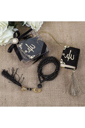 Hediyelik Mini Kuran- Inci Tesbihli Kare Kutulu Set-siyah - İkranur