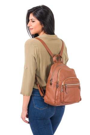 Hellbrauner Damen-Rucksack aus weichem, gewaschenem Leder mit mehreren Fächern, lässig, BAGZY16 - 3