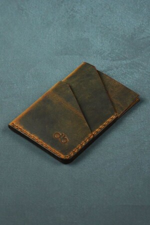 Hellbraunes minimalistisches handgefertigtes Kartenetui aus Leder mit 4 Fächern P2944S5716 - 1
