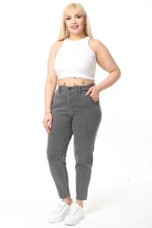 Hellgraue Lycra-Mom-Jeans mit Falten in Übergröße für Damen C600 - 1