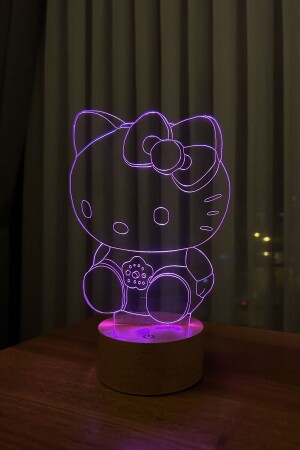 Hello Kitty Figürlü Dekoratif Hediye Led Masa Lambası 7 Işık Rengi Ahşap Taban - 2