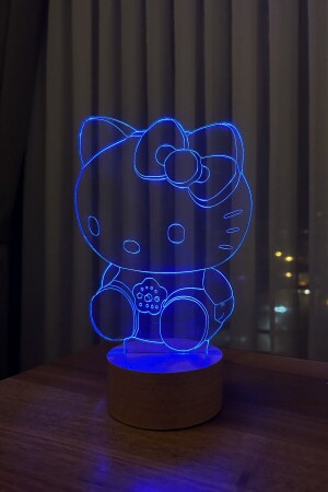 Hello Kitty Figürlü Dekoratif Hediye Led Masa Lambası 7 Işık Rengi Ahşap Taban - 6