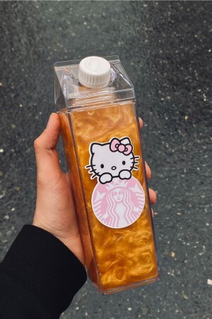 Hello Kitty Suluk 500ml Mika Süt Kutu Tasarımlı Su Kahve İçecek Şişesi Hello Kitty Starbucks Matara Yushi-MATARA-HELLOKITTY - 2