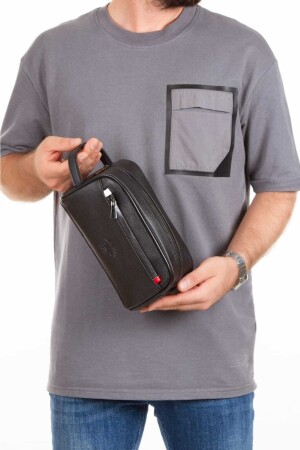 Herren-Handtasche aus schwarzem veganem Leder für die persönliche Rasur, Kosmetik, Reisepflege, Handtasche zeynpolo0035 - 3