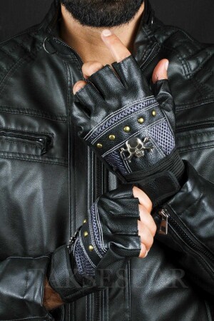 Herren-Lederhandschuhe, ausgeschnittenes Totenkopf-Mesh-Design mit Klettverschluss, verstellbare Größe TXC75B4AB714633 - 1
