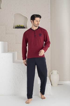 Herren-Pyjama-Set 3070 aus bordeauxrotem, besticktem, langärmligem Single-Jersey-Stoff - 1