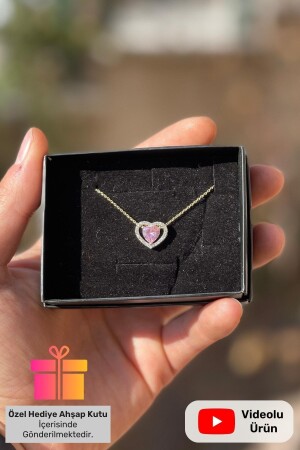 Herz-Halskette mit rosafarbenem Stein und Silberkette, 925 Karat vergoldet, Modell-Herz-Halskette LCN-101-106, in Geschenkbox - 1