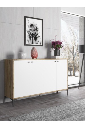 Hestia 4 Kapaklı Metal Ayaklı 160 Cm Çok Amaçlı Dolap Konsol - Atlantik Çam - Beyaz - Si BSM220 - Wood'n Love