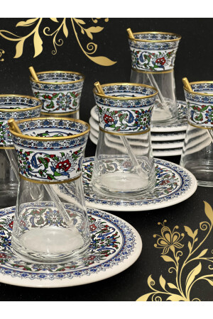 Heybeli Altın Bitkisel Desenli Çini Motifli 6 Kişilik Çay Seti Tea Set For 6 Persons 000580 - 3