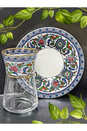 Heybeli Altın Bitkisel Desenli Çini Motifli 6 Kişilik Çay Seti Tea Set For 6 Persons 000580 - 4