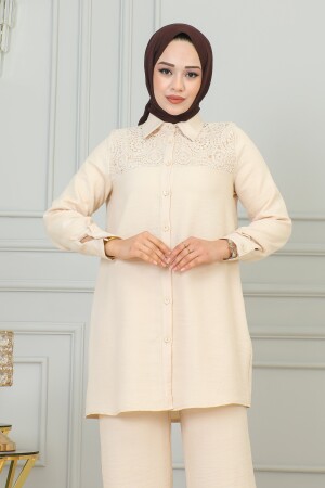 Hijab-Anzug, Spitze, detaillierter Leinenstoff, Hose-Hemd, Tunika, Hijab-Anzug, Beige - 4