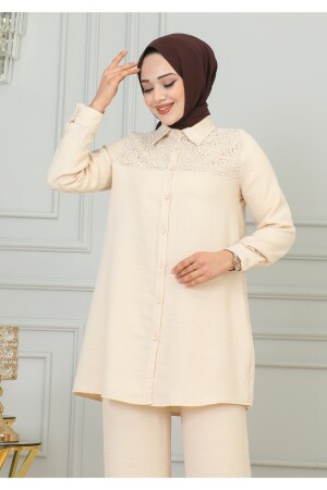 Hijab-Anzug, Spitze, detaillierter Leinenstoff, Hose-Hemd, Tunika, Hijab-Anzug, Beige - 5