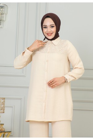 Hijab-Anzug, Spitze, detaillierter Leinenstoff, Hose-Hemd, Tunika, Hijab-Anzug, Beige - 6