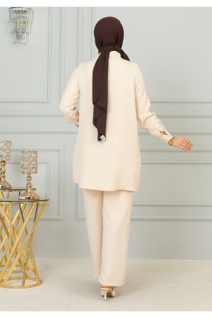 Hijab-Anzug, Spitze, detaillierter Leinenstoff, Hose-Hemd, Tunika, Hijab-Anzug, Beige - 7