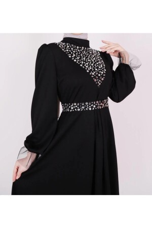 Hijab-Kleid mit Gürtel und Steindetail auf der Vorderseite, Schwarz hfyfthg46-7 - 2