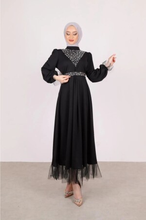 Hijab-Kleid mit Gürtel und Steindetail auf der Vorderseite, Schwarz hfyfthg46-7 - 4