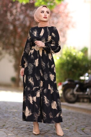 Hijab-Kleid mit Pinselmuster und Gürtel – Schwarz MS000MP001474 - 4