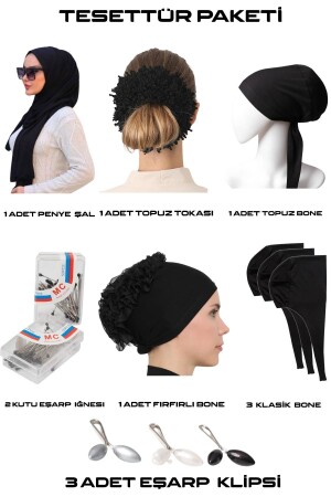 Hijab-Paket 12-teilig (Schal aus gekämmter Baumwolle, Knotenschnalle, genähte Haube, Rüschenhaube, Schalnadel, Clip - 2