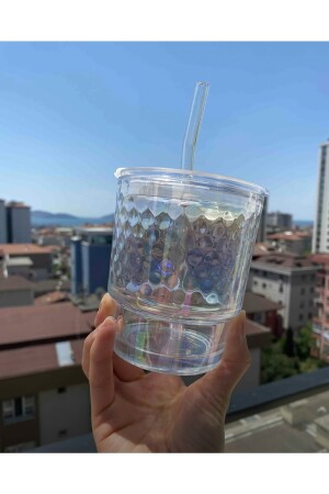 Hitzebeständiger Becher im Regenbogen-Stil aus Borosilikat mit Strohhalm | - 4