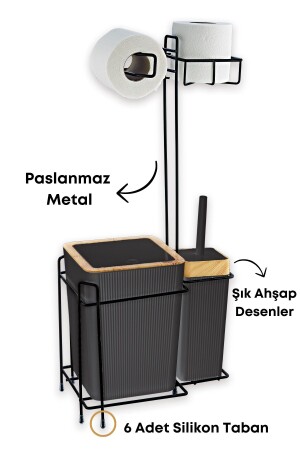 Holz gemusterter Metallständer Ersatz-WC-Papierhalter Badezimmer-Set Schwarz 3-teilig Duschfaser Geschenk - 3