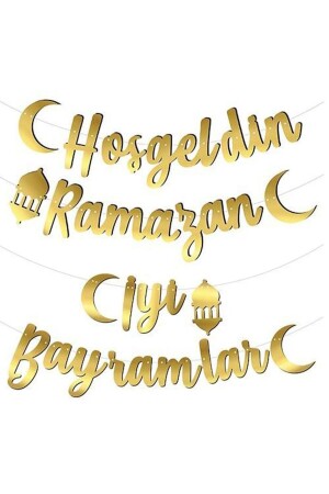 Hoşgeldin Ramazan Iyi Bayramlar Yazılı Kaligrafi Altın Renk Kağıt Asma Süsü - 1