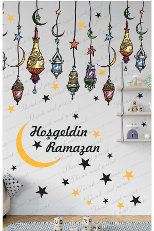 Hoşgeldin Ramazan Renkli Fener Sarkıt Cam Duvar Dekorasyon Sticker Seti R1 - 3