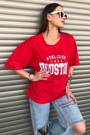 Houston Baskılı Kadın Oversize Kırmızı Salas T-shirt Boyfriend - 1