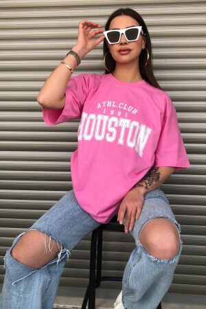 Houston Baskılı Kadın Oversize Pembe T-shirt - 1