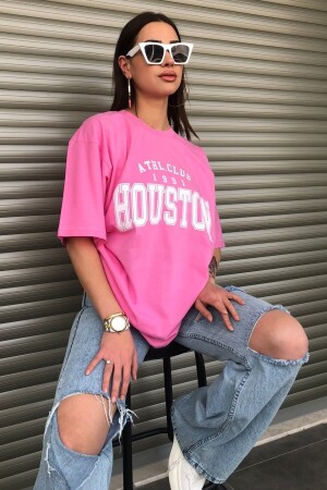 Houston Baskılı Kadın Oversize Pembe T-shirt - 2