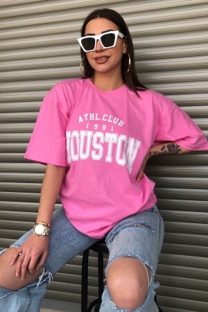 Houston Baskılı Kadın Oversize Pembe T-shirt - 3